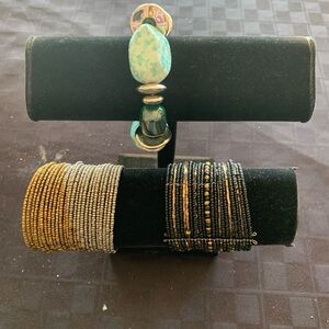 Turquoise and silver stretch , gold and black cuff and silver and gold cuff